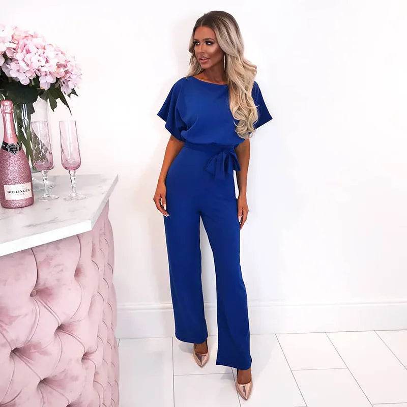 Jumpsuit Women 2023 Summer Casual Fashion Lace Up Button Short Sleeve Playsuit Slim Romper Office Lady Solid Color Bodusuit - AIAZ