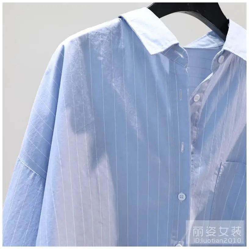 Women's Clothing 2023 Striped Simplicity Fashion Casual Spring Summer Thin Pockets Turn-down Collar Button Loose Formal Blouses - AIAZ