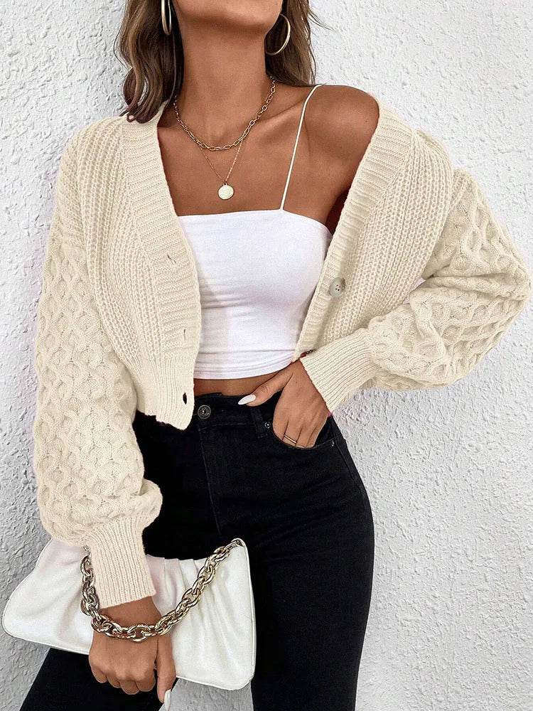 Women's Knitted Cardigan Sweater Autumn Winter Twist Knit Open Front with Buttons Fashionable Warm Top - AIAZ