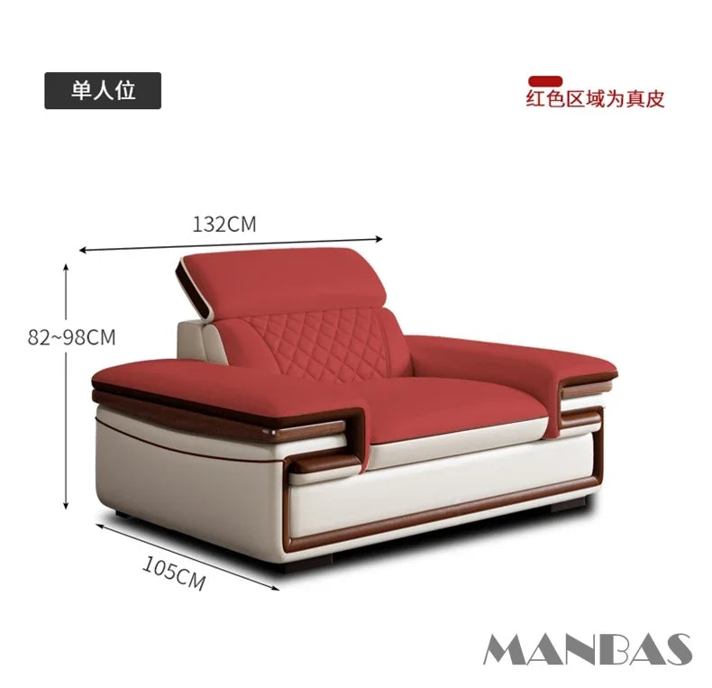 MINGDIBAO Premium Italian Genuine Leather Sofa Set for Living Room with Adjustable Headrests and Built-in Bluetooth Speaker, USB