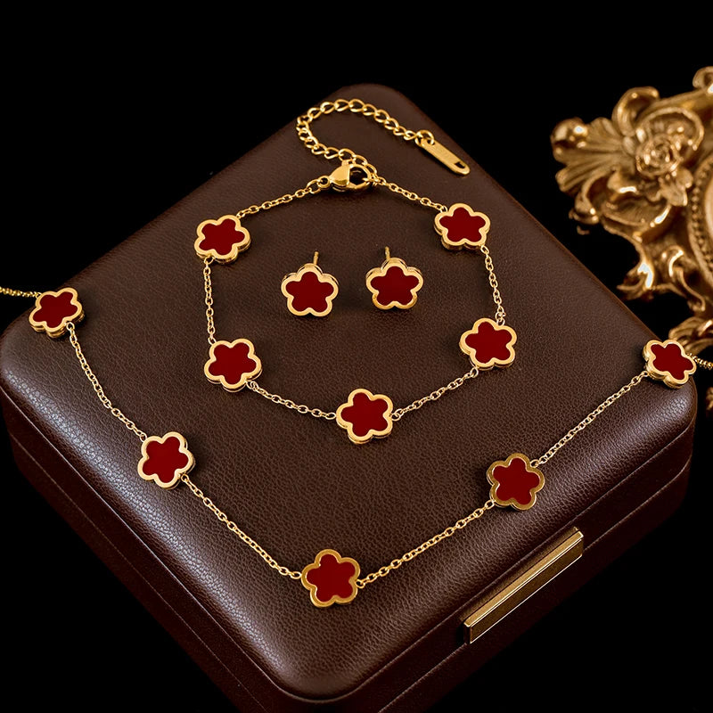 GANEMLY 316L Stainless Steel Black Plum Flower Five Leaf Clover Necklace Bracelet Earrings Jewelry Set For Women Birthday Gift