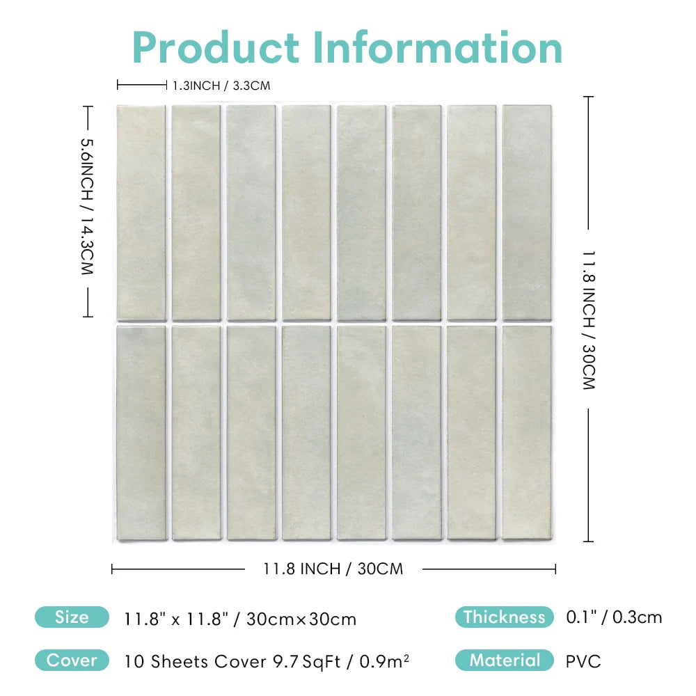 10pcs 3D Tile Stickers, Self-adhesive Green Tiles, Bathroom Wall Tile Stickers, Water and Mold Resistant, 30x30cm