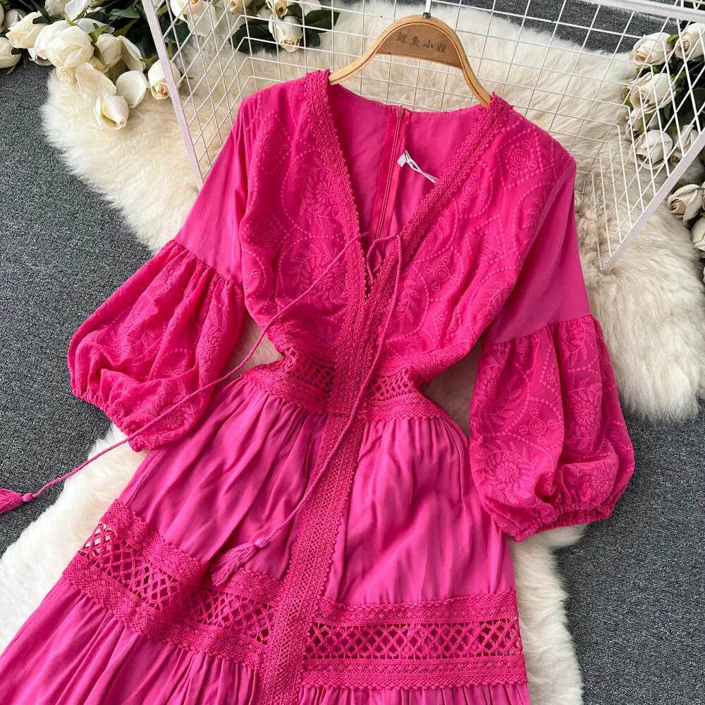 New Women Lantern Sleeved Elegant Dress Summer French Hollowed Out Mid Length Dresses Korean Style Vintage Long Dress - AIAZ