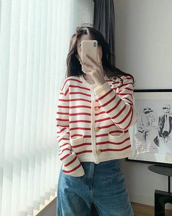 Women Stripe Knitted Cardigans Spring Autumn O-neck Single Breasted Long Sleeve Crop Tops Fashion Casual Chic Female Sweaters - AIAZ