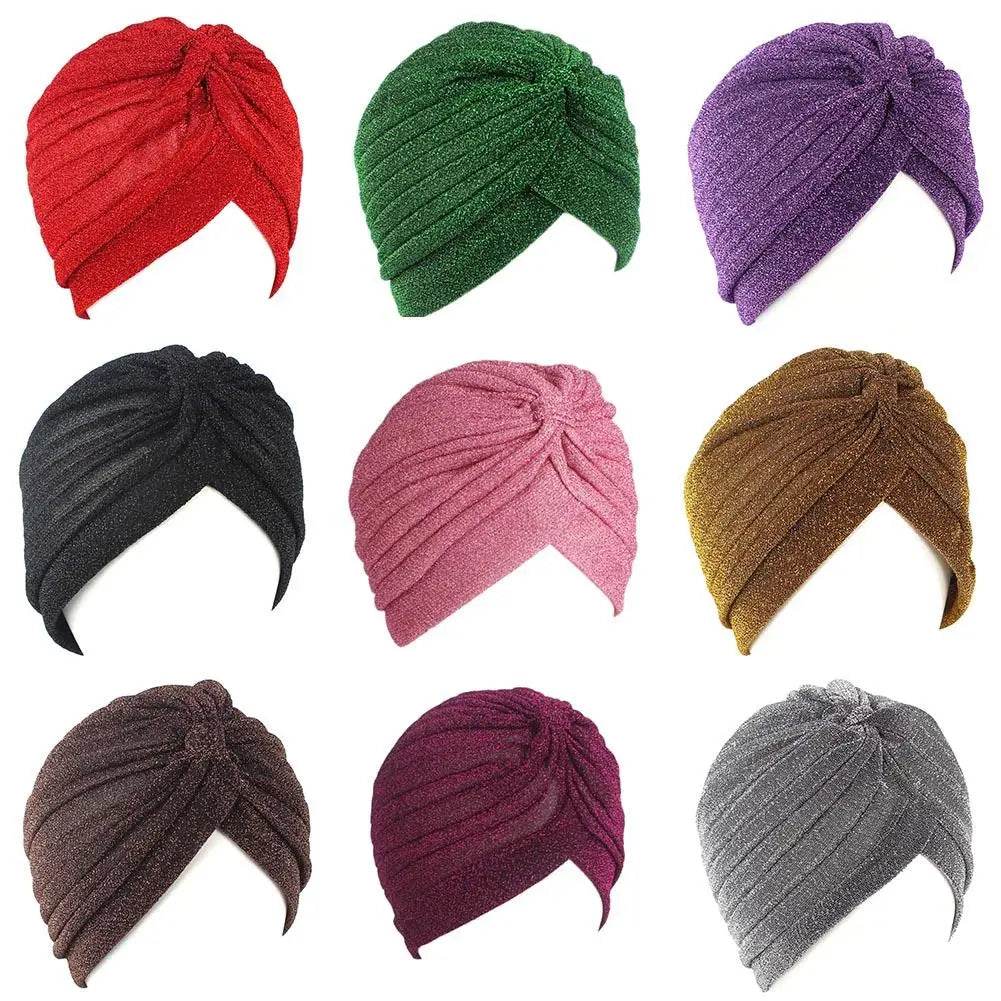 HOT Fashion Women Turban Hijab Hats Gold Shiny Muslim Indian Turban Double Layer Headwrap Stretchable Soft Wrap Head Scarf Mujer - AIAZ
