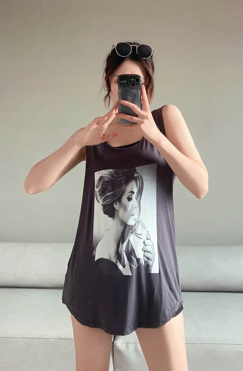 Women Long Tank Tops O-Neck Fashion Print Beauty's Head Casual Loose sleeveless T-shirt streetwear camis tops - AIAZ