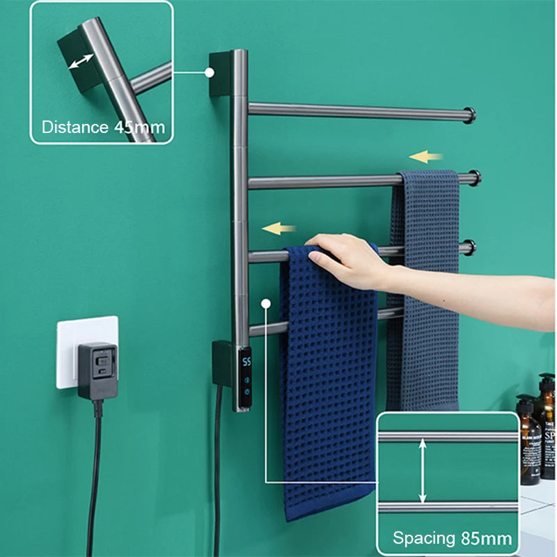 Rotatable Bathroom Electric Heated Carbon Fiber Towel Rail Warmer Digital Display Temperature Time Control Smart Home Bar Dryer
