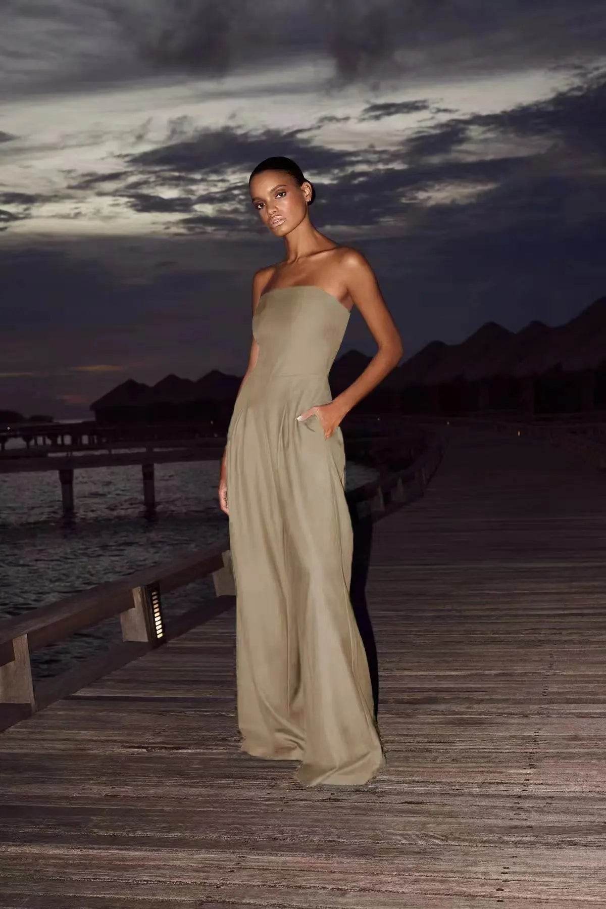 Summer Women Jumpsuit Fashion Strapless Solid Color Sleeveless Bandeau Loose Wide Legs Pants Casua Romper High Streetwear - AIAZ