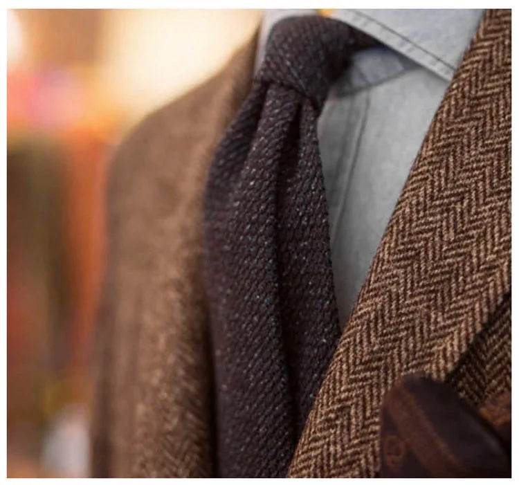 Men's Suit Brown Blazer Prom Tuxedos Herringbone Wool Tweed Single Breasted Formal Bussiness Jacket for Wedding（Only Coat） - AIAZ