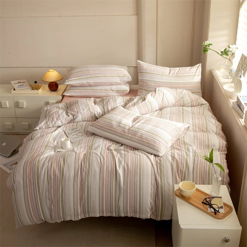 Striped Duvet Cover Set Queen 100% Washed Cotton Bedding Set, Luxury Soft Pink Vertical Ticking Stripes Comforter Cover, (3pcs)