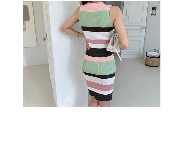 H Han Queen Elegant Occupation Sleeveless Knitted Dress Women Autumn Stretch Striped Bodycon Dresses Wear To Work Pencil Vestido - AIAZ