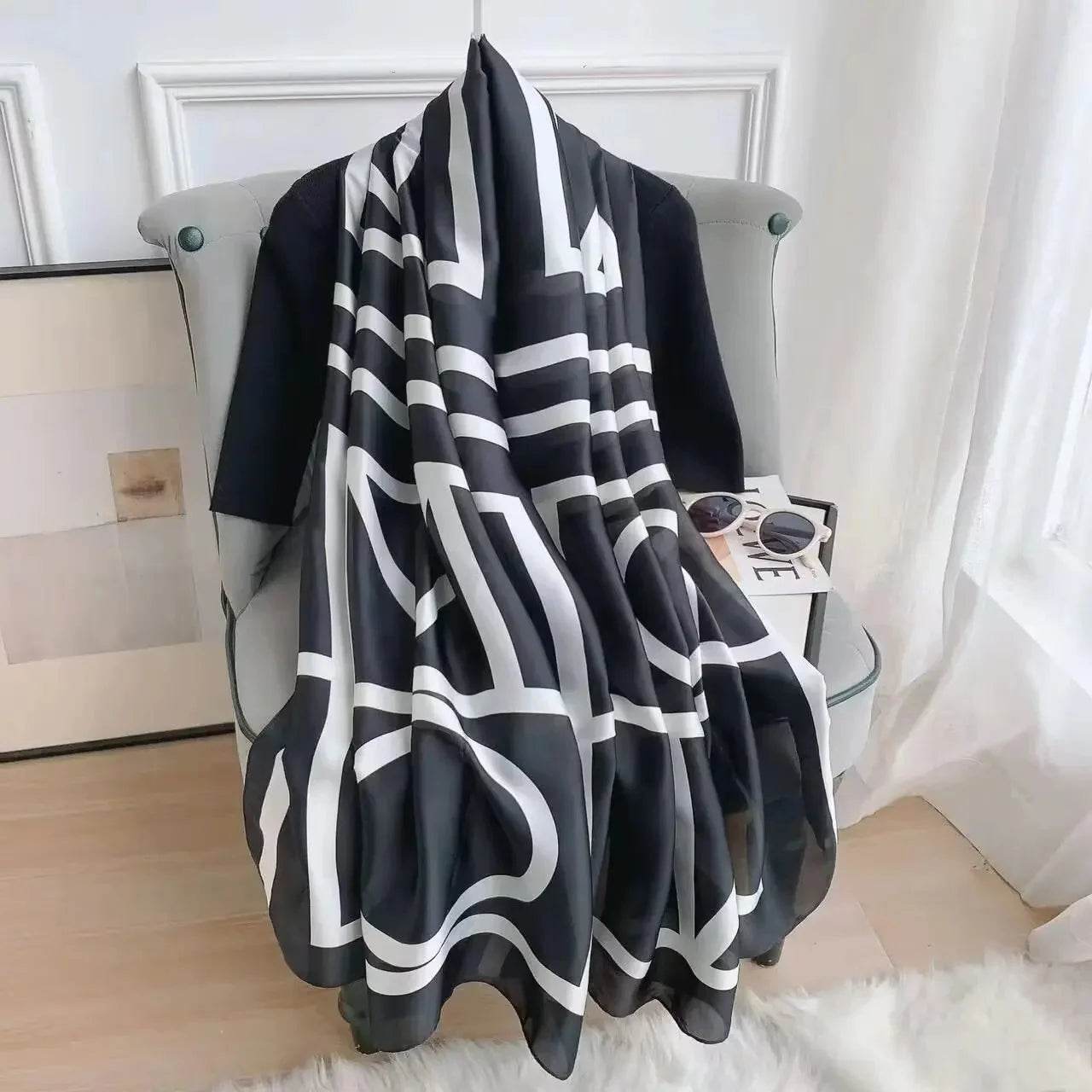 New Summer Women's Silk Scarf Sun Protection Satin Print Extra Long Beach Cover Up Decorative Mom's Shawl Fashionable Accessory - AIAZ