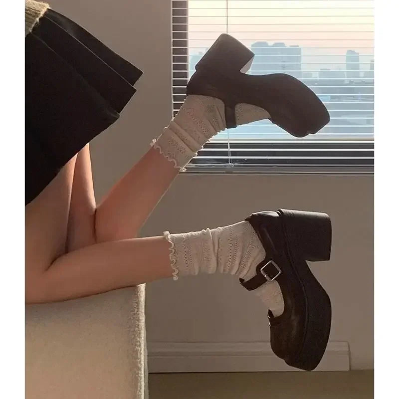 Brown Retro French Thick Heel Mary Janes Women's Shoes Spring 2025 New Style Heightening Flat Mouth High Heels Loafers Shoes
