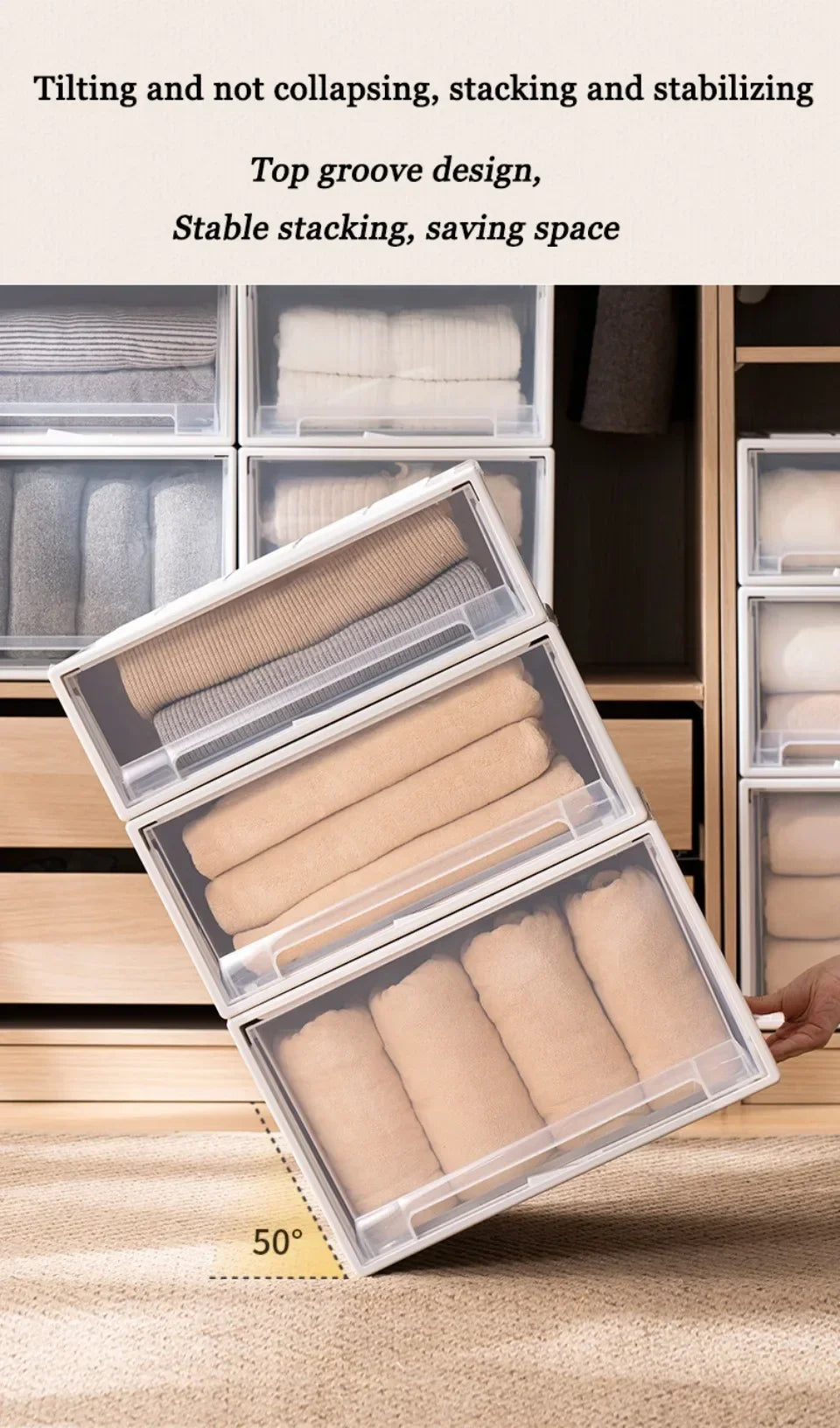 Wardrobe Storage Box High-capacity Drawer Style Stackable Container Transparent Plastic Containers for Household Use Storage