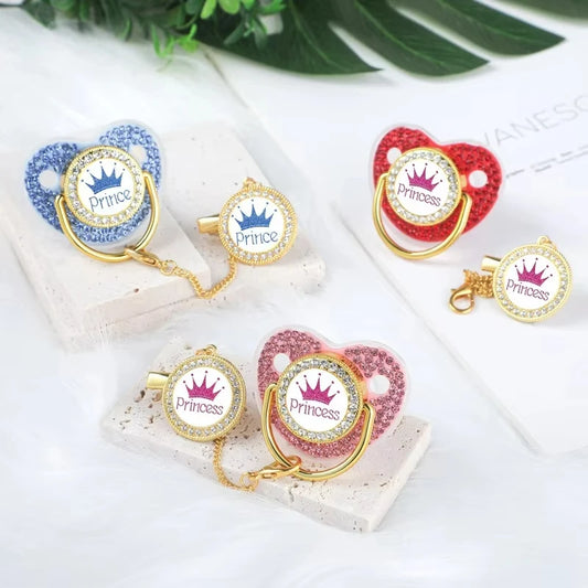 All Zircon Baby Pacifier Chain Clips Set Gold Crown Princess Prince Pacifiers Holder Silicone Nipple Luxury Infant Shower Gifts
