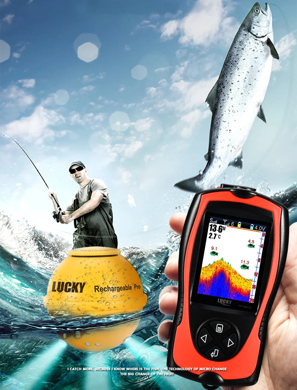Lucky Sonar Fish Finder FF1108-1CWLA Rechargeable Wireless Sensor 45M Water Depth Echo Sounder Fishing Portable Fish Finder
