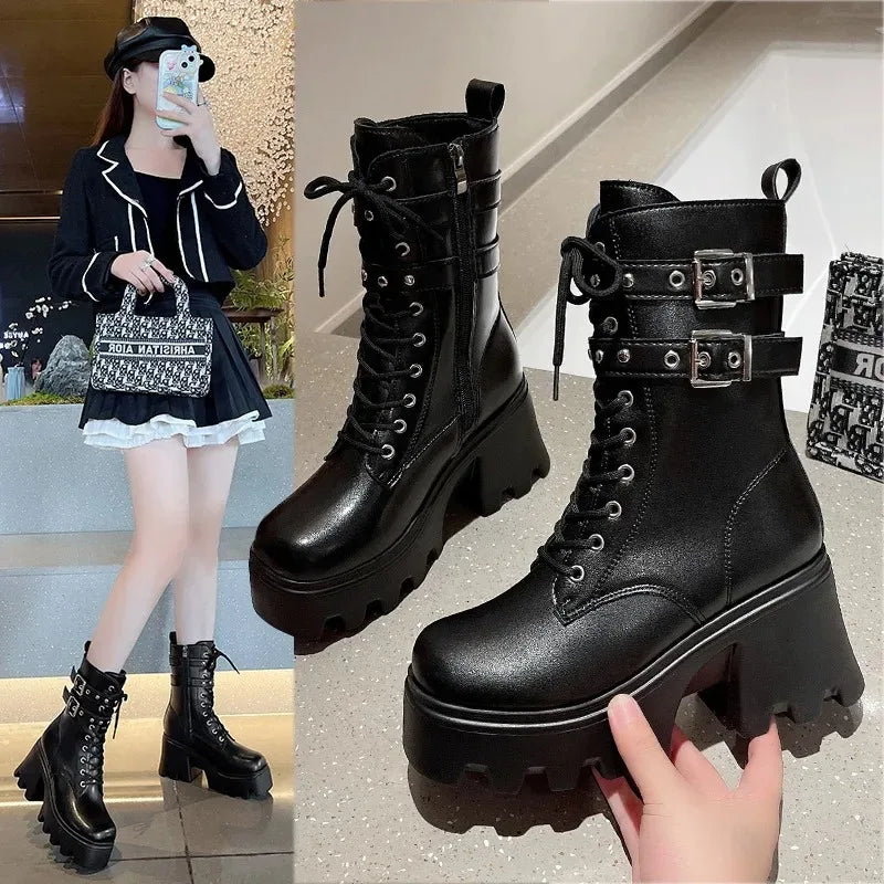 Trend Punk Women's Boots Buckle Platform Boots Mid-calf Gothic Boots for Women Autumn Ladies Motorcycle Boot Pu Leather Shoes