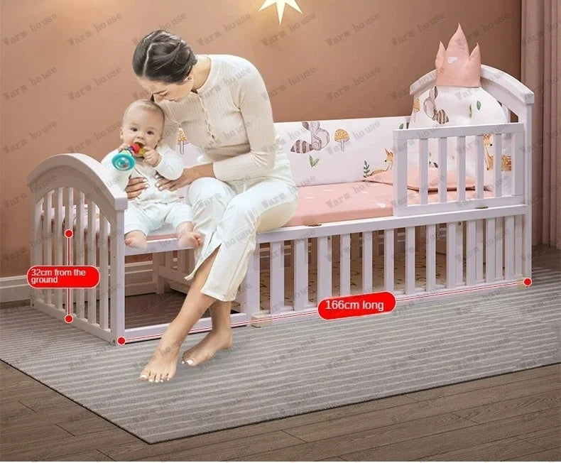 Solid wood spliced crib Multifunctional European style children's bed Movable newborn cradle large bed Baby Rest Chair