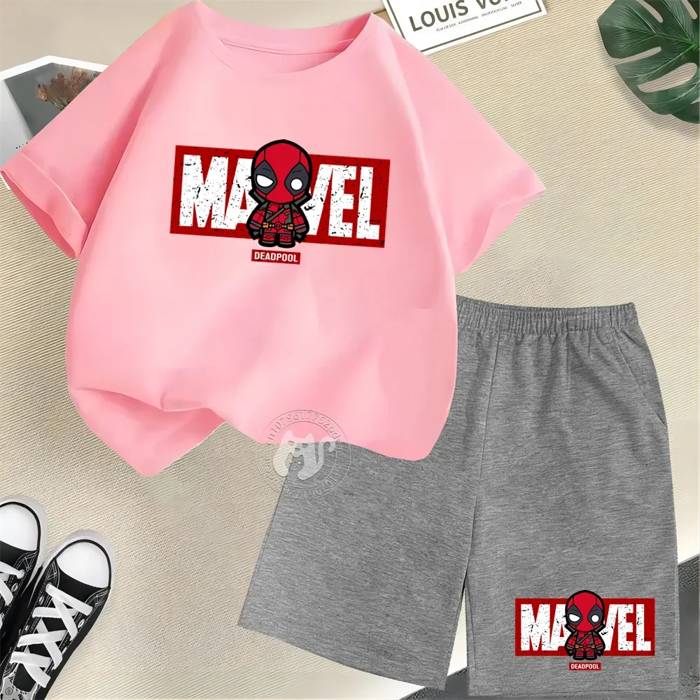 Superhero Summer Kids 100% Cotton T-shirt Street Mini Deadpool Print Short Sleeve T-shirt + Shorts Boys & Girls casual suit