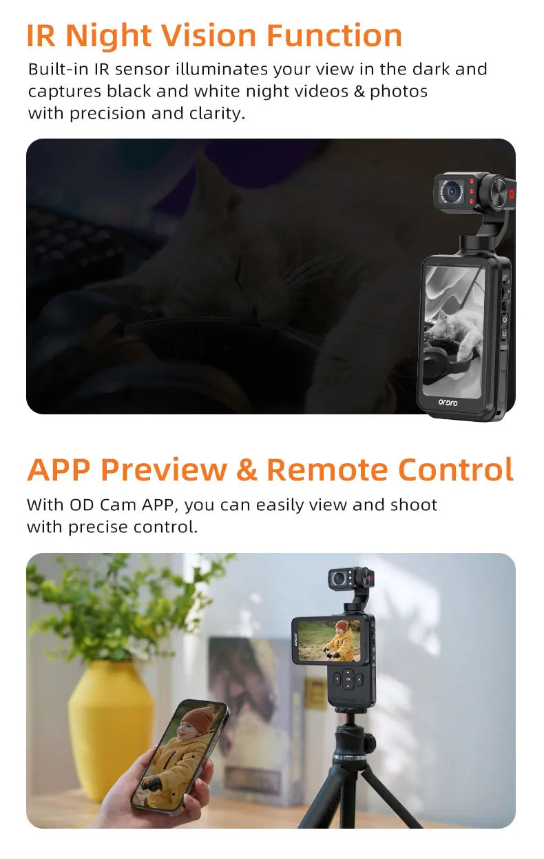 ORDRO M5 5K Action Pocket Video Camcorder Infrared IR Night Vision Big Touchscreen Vlog Camera with Tripod Remote Control SDcard