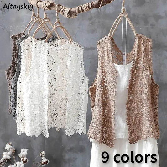 9 Colors Sweater Vest Women Vintage Literary Elegant Office Lady Hollow Out Summer Sleeveless Open Stitch Chic Delicate Knitwear - AIAZ
