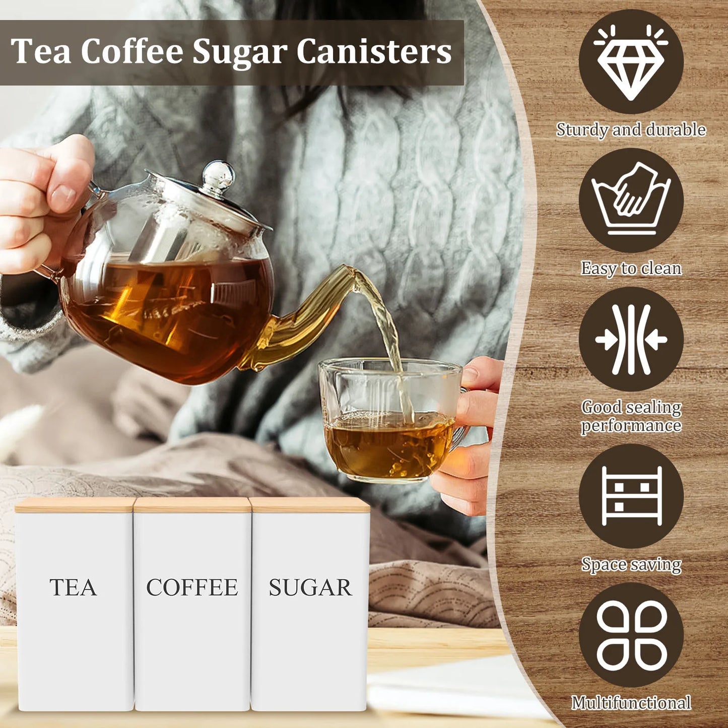 Coffee Bean Storage Jar Metal Coffee Tea Sugar Container Simple Style Sealed Storage with Bamboo Lid Tea Can Kitchen Supplies