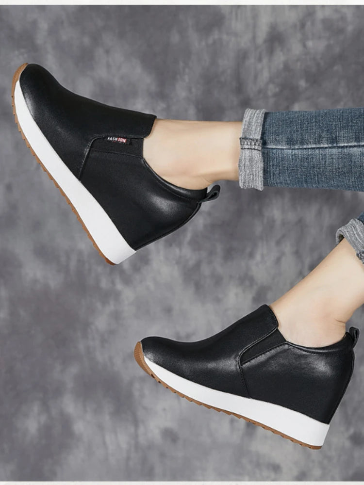 Fujin 7cm Genuine Leather Synthetic Boot Women  Fashion Ankle Platform Wedge Heels Pumps Autumn Spring Sexy Hidden Heels Boots