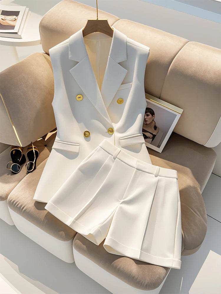 Ele White Suit Vest And orts Two-Piece Set for Women Profional Faionable ature Size Summer Outfit - AIAZ