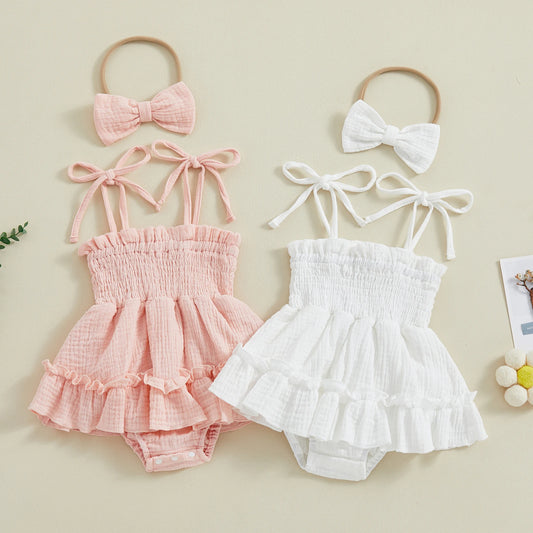 Toddler Baby Girls Summer Romper Dress Casual Sleeveless Shoulder Strap Bodysuits with Hairband Children 0-18 Months Outfits