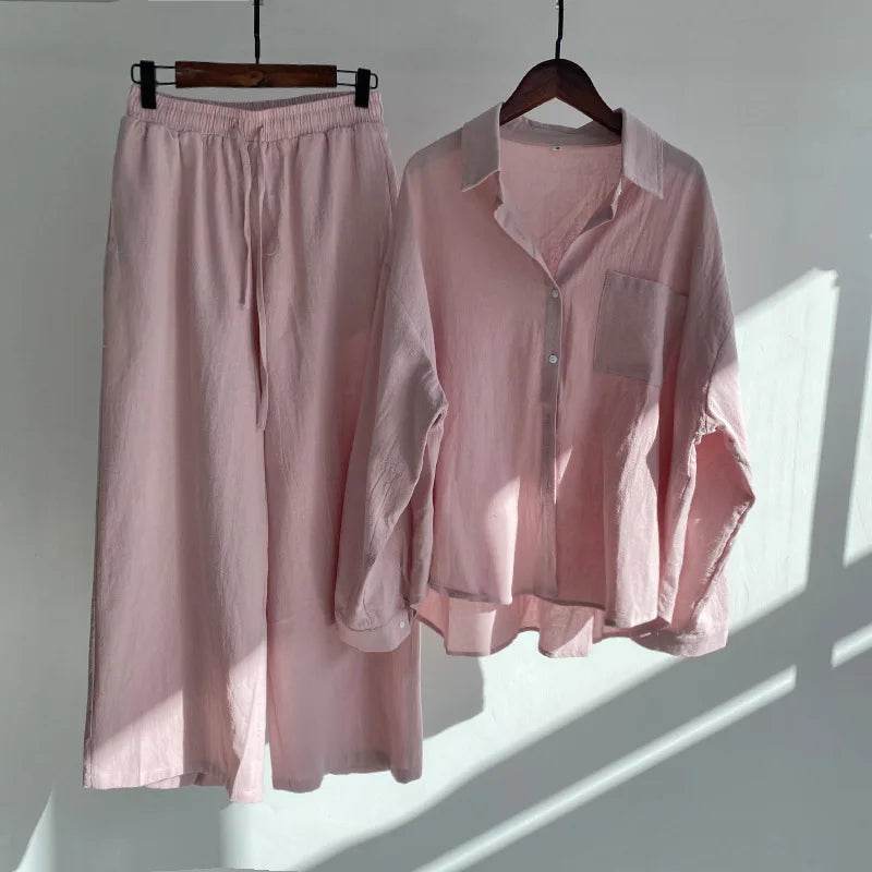 Pants Set Women Shirts Wide Leg Elastic Waist Cotton Linen Casual Sets Elegant Loose Long Sleeve Lapel Spring Shirt Y2k Suit - AIAZ