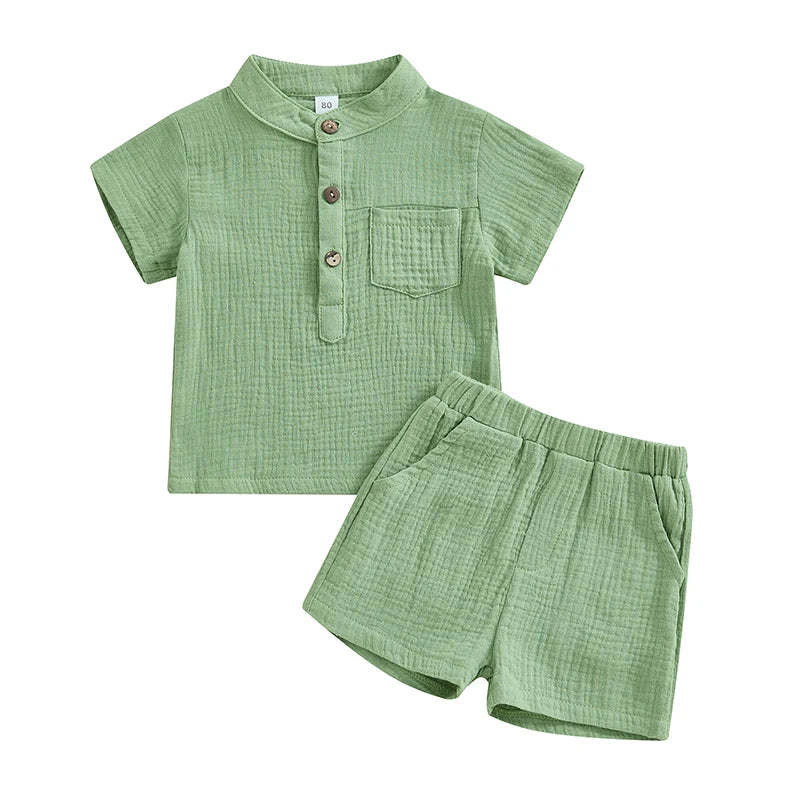 Suefunskry Toddler Boys Summer 2Pcs Casual Outfits Solid Color Short Sleeve Button Tops and Elastic Waist Shorts Sets 6M-4Y