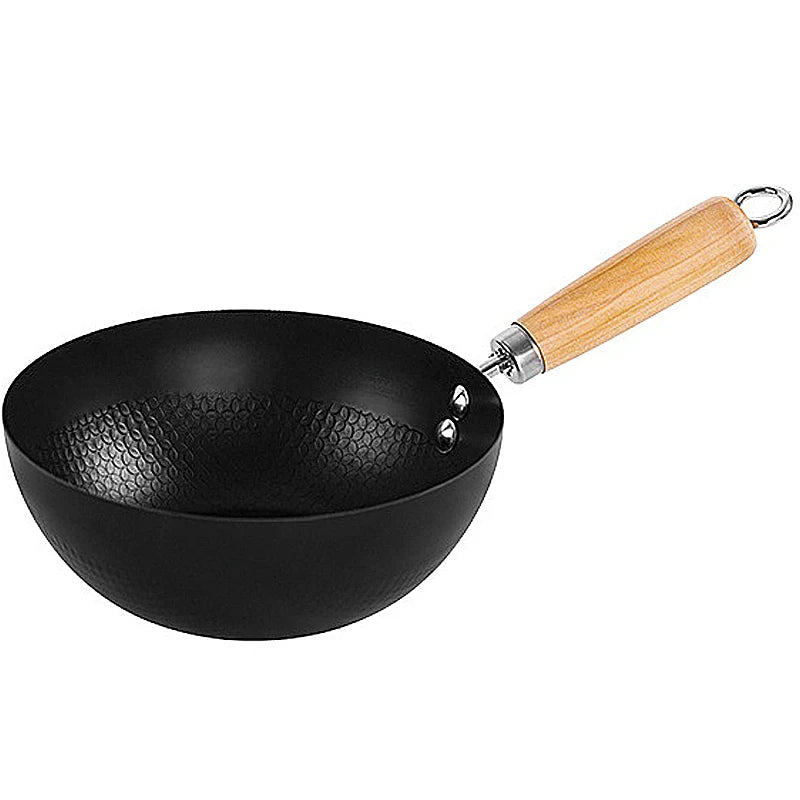 Carbon Steel Mini Wok 20cm Classic Kitchen Cooking Pot Non-Induction/Wooden Handle Flat Base Pan Includes 1 x Chinese Wok Pan