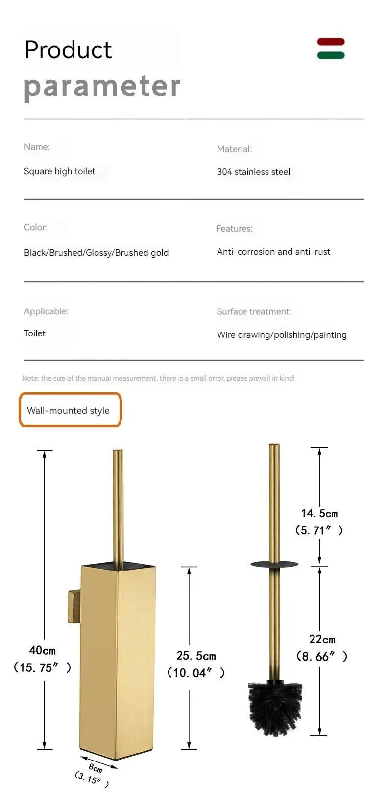 Square toilet brush, 304 stainless steel floor-mounted toilet brush, bathroom toilet punch odor-proof long tube wall-mounted