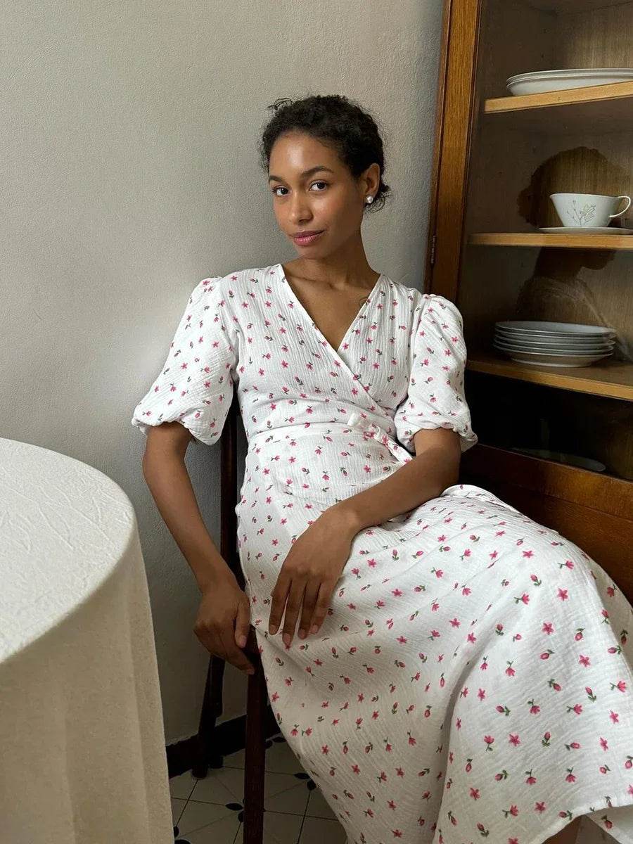 Bornladie Women Psrinted Lace Up Dress Summer Short Sleeve Fashion Office Lady Long Dress 100% Cotton Daily Casual V-neck Skirt - AIAZ