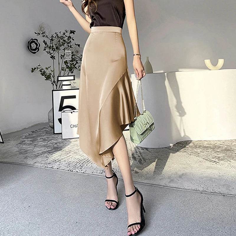 Elegant High Waist Satin Skirts Women Irregular Mermaid Skirt Fashion Streetwear Casual A-Line Skirts Office Lady Long Skirts - AIAZ