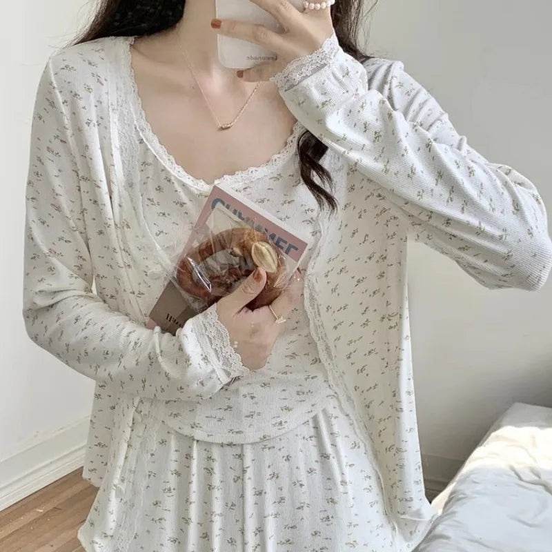 Three-Piece Pajama Set for Women Floral Lace Sweet Cardigan Camisole Homewear Long Sleeves Long Pants Fancy Underwear Ladies - AIAZ