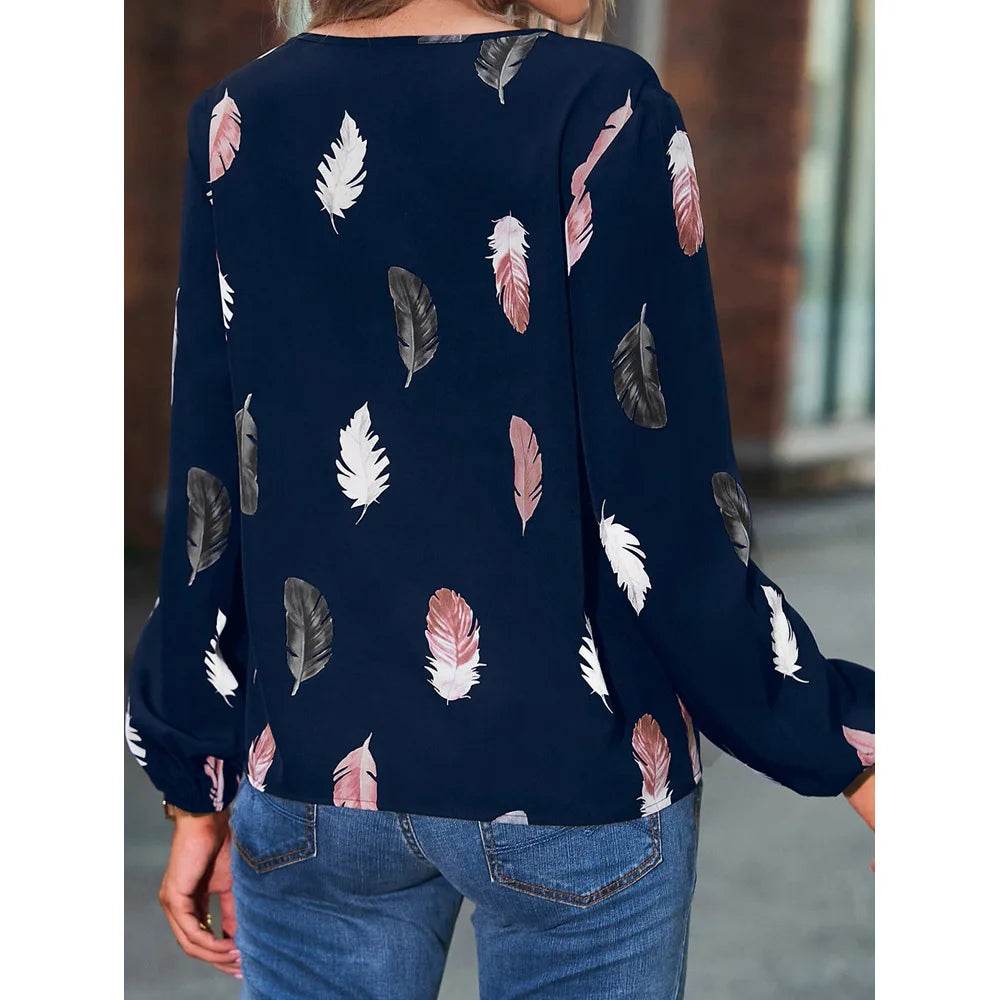 Fashion Woman Blouse Shirts For Women Stylish Top long Sleeve Feather Pattern Female Tops Elegant Chiffon Mujer Woman Clothes - AIAZ