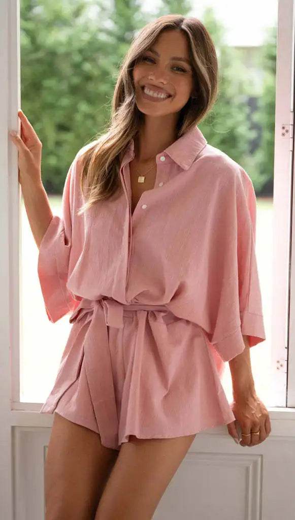 Women's Jumpsuit Spring/summer New Style With Collar Mid Sleeves Waist Strap Fashionable Loose Short Style Solid Color Jumpsuit - AIAZ