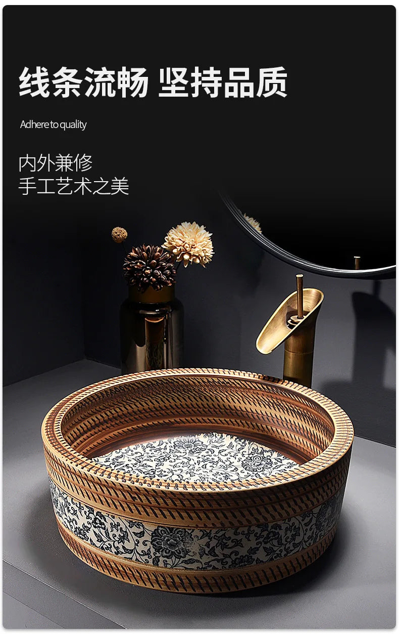 41*41*14cm European style Ceramic Washbasin Retro Printing Bathroom Sink Countertop Round Bowl Basin with Hardware Faucet Set