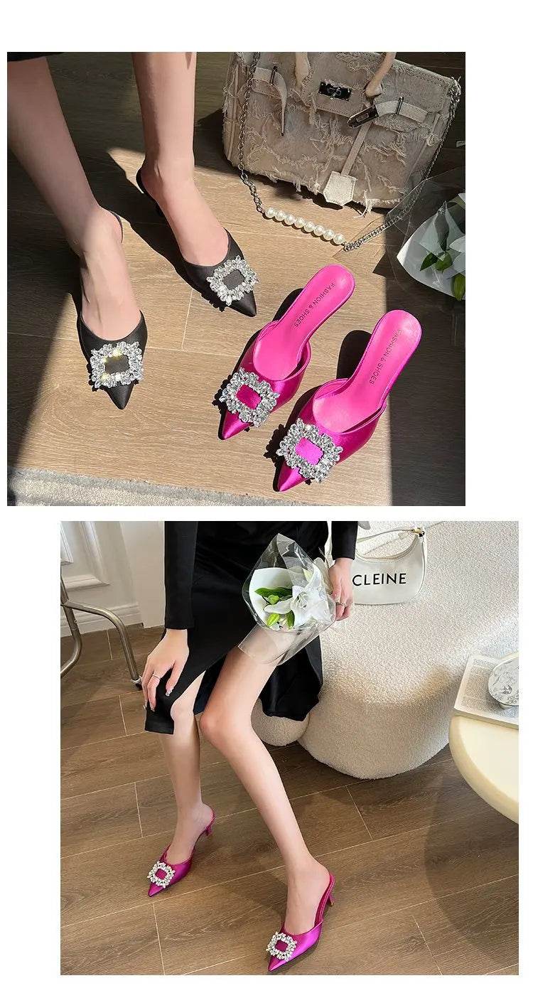 Women Sandals Summer New Slippers Pointed Toe Slingback Mules Shoes Woman Fashion Rhinestone Ladies High Heels Sexy Party Pumps - AIAZ