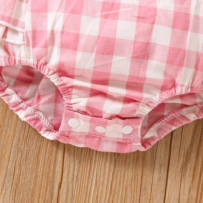 Newborn Baby Girl Bubble Cotton Plaid Flying Sleeve Climbing Suit With Buttocks+Headwear