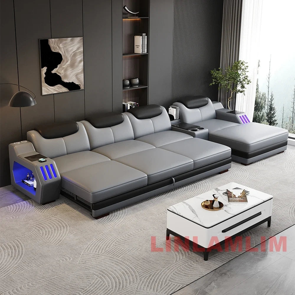 Modern L-Shaped Sectional Sofa Bed with Adjustable Headrests & LED Lights, Genuine Leather Recliner Couch with Storage & USB