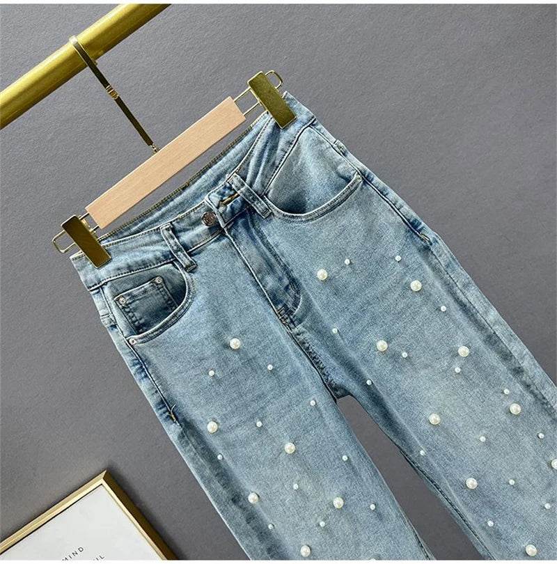 Denim Pants Fashion Beaded Jeans Wide-Leg Pants Female Tide 2025 New Spring And Summer High Waist Loose Mop Pants - AIAZ