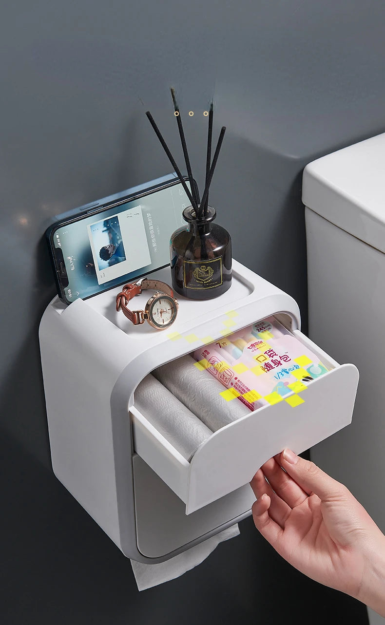 Toilet Paper Holder Box holder Bathroom Rack Waterproof Reel Tissue Storage Box Punch-free Kitchen Bathroom Storage Holder