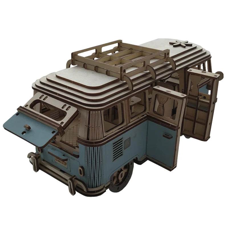 Retro Bus European-style Campervan 3D Wooden Car Puzzle DIY Sailing Ship Airplane Building House Model Jigsaw Toys For Children - AIAZ