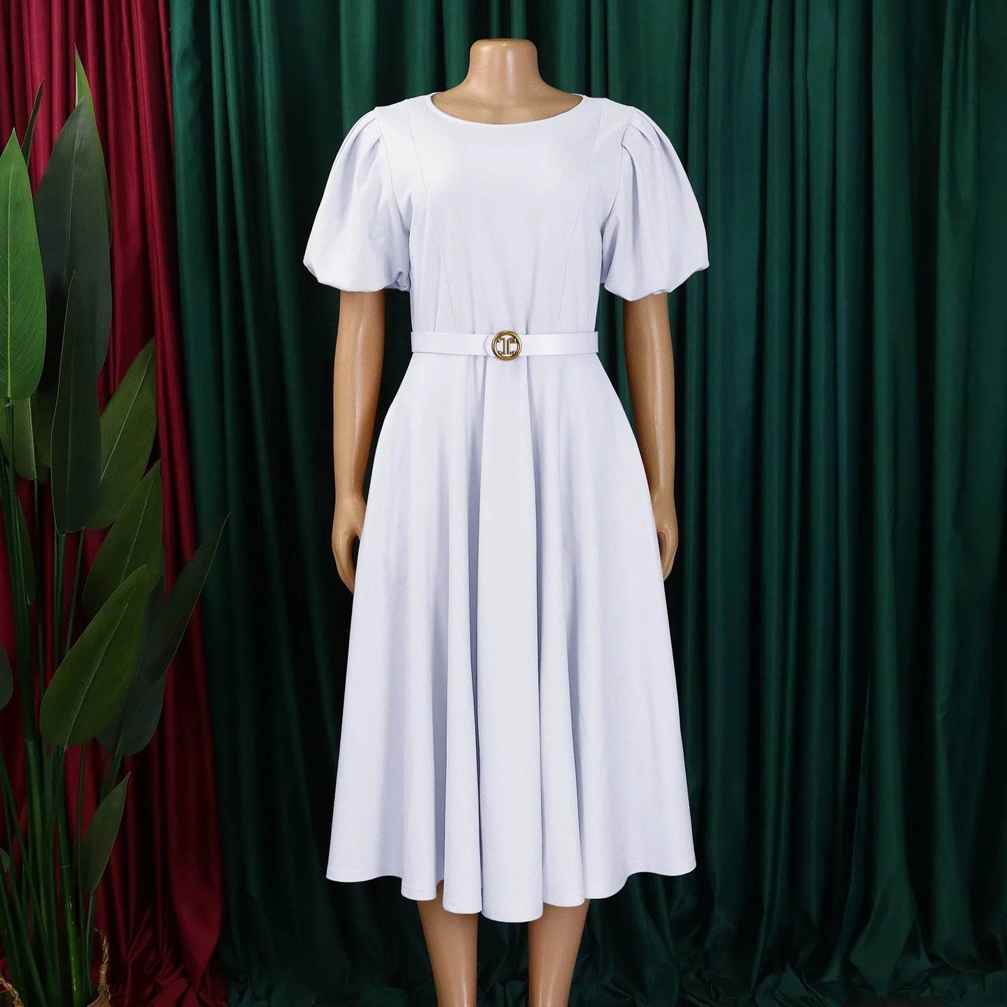 Elegant Office Dress for Women Professional O Neck Short Sleeve Belt Waisted A Line Mid Calf Formal Business Work Dress Midi New - AIAZ