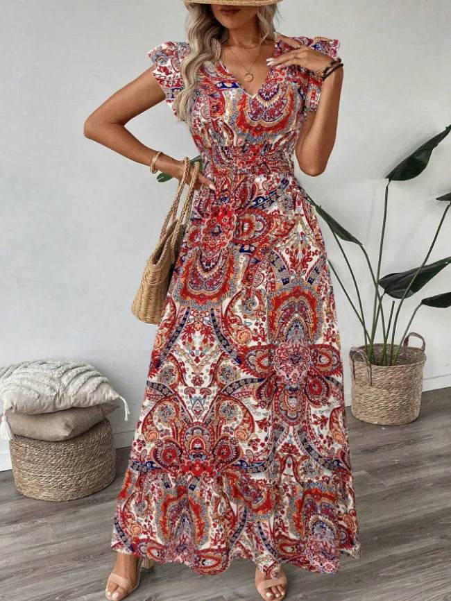 new dresses 2025 woman vestidos para mujer vintage dress Printed V-neck fashion dress Loose ruffle long dresses - AIAZ