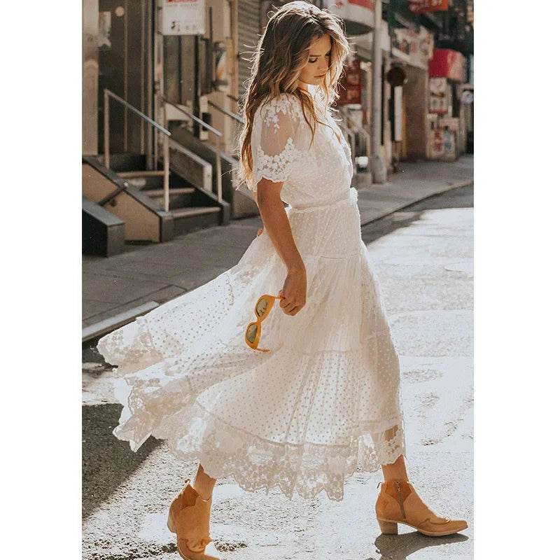 Women's Dress White Hollow Out Cotton Sundress Lace Sleeveless Long Splicing Summer Party Elegant Evening Woman Skirt Clothing - AIAZ