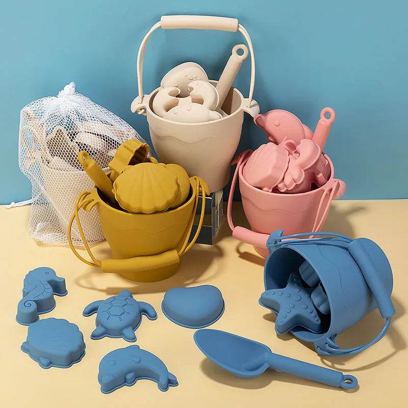 TYRY.HU 8pcs/set Children Toys Silicone Beach Toy Set with Bucket and Six Accessories Fun Outdoor Play Sand for Kids - AIAZ