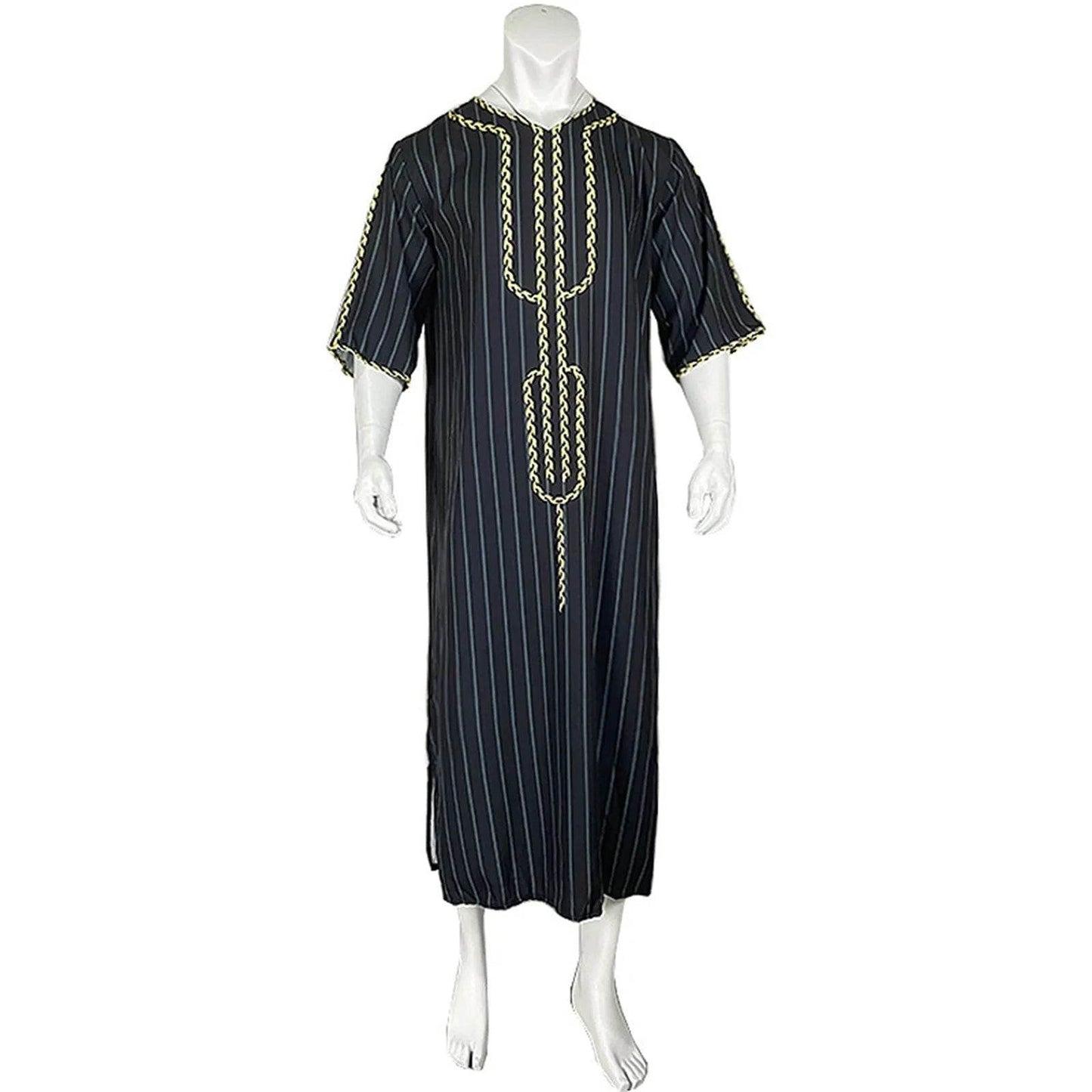 Muslim Men'S Clothing Hand-Embroidered Loose Breathable Summer Fashion Loose Robe Dubai Luxury V-Neck Short Sleeve Printing - AIAZ